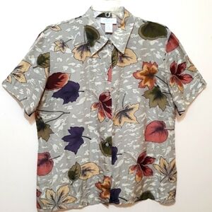 K Arnold Top 100% Silk Leaves Printed Dhort Sleeve Button Down Shir Size Medium
